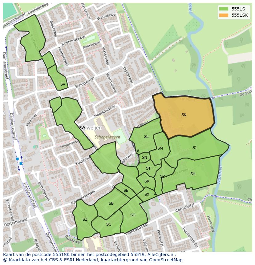 Afbeelding van het postcodegebied 5551 SK op de kaart.