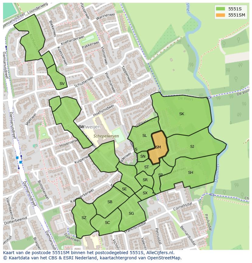 Afbeelding van het postcodegebied 5551 SM op de kaart.