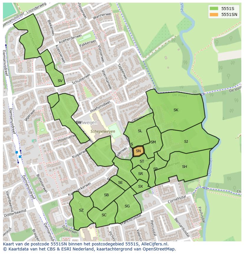 Afbeelding van het postcodegebied 5551 SN op de kaart.