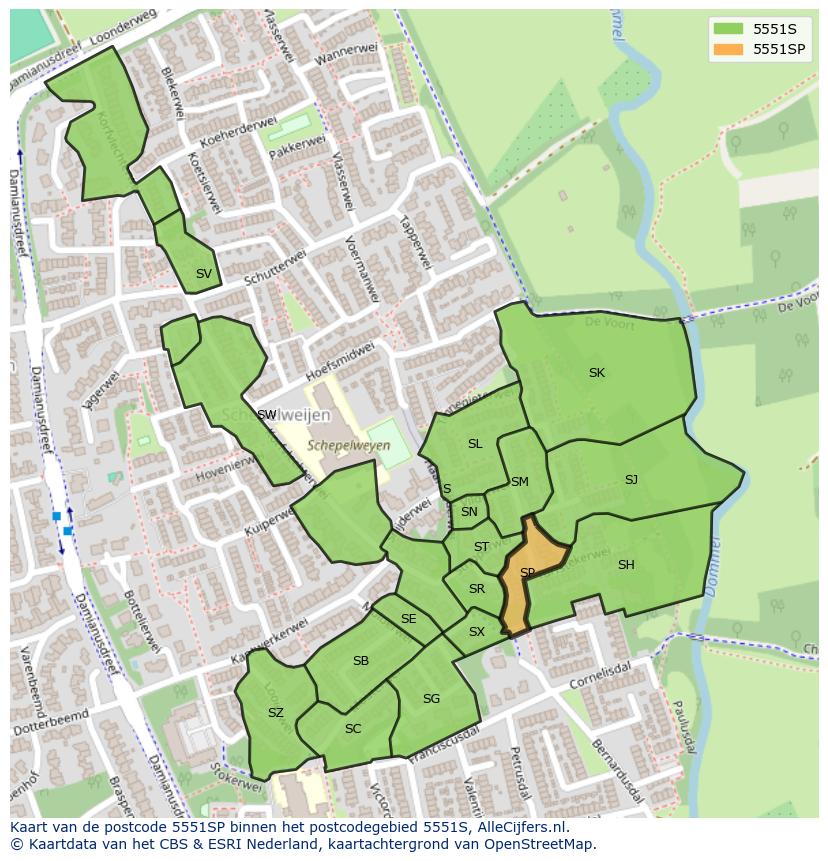 Afbeelding van het postcodegebied 5551 SP op de kaart.