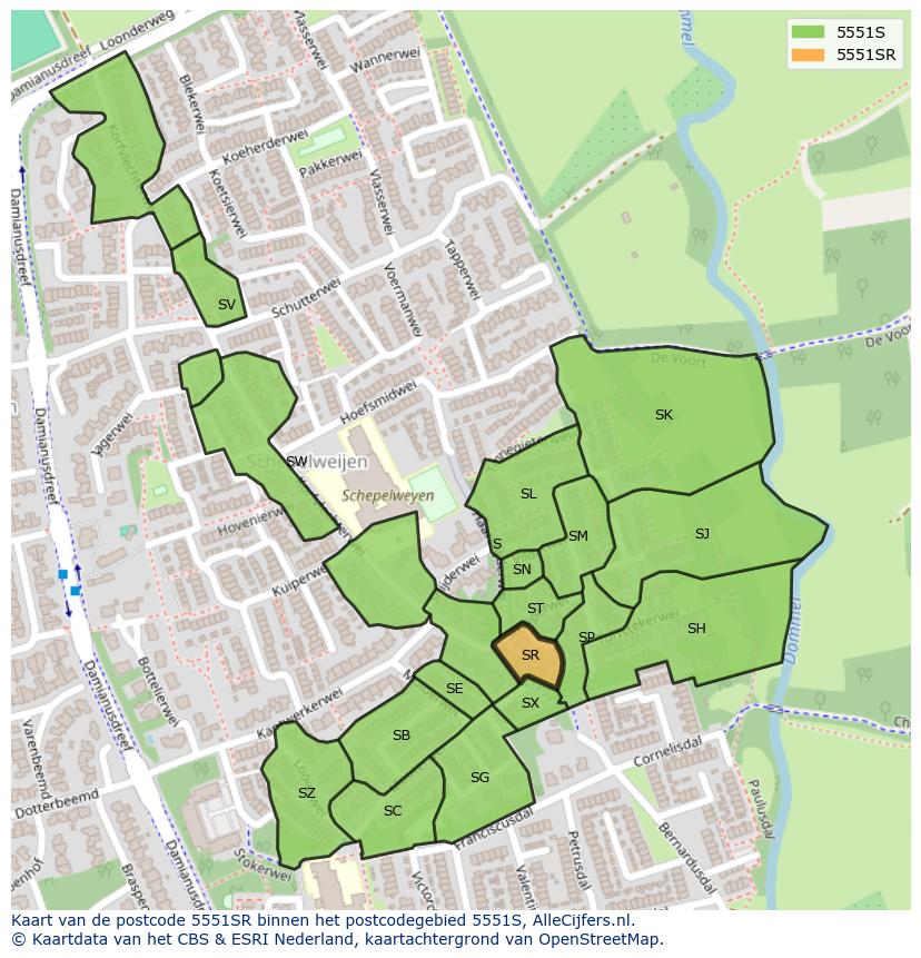 Afbeelding van het postcodegebied 5551 SR op de kaart.