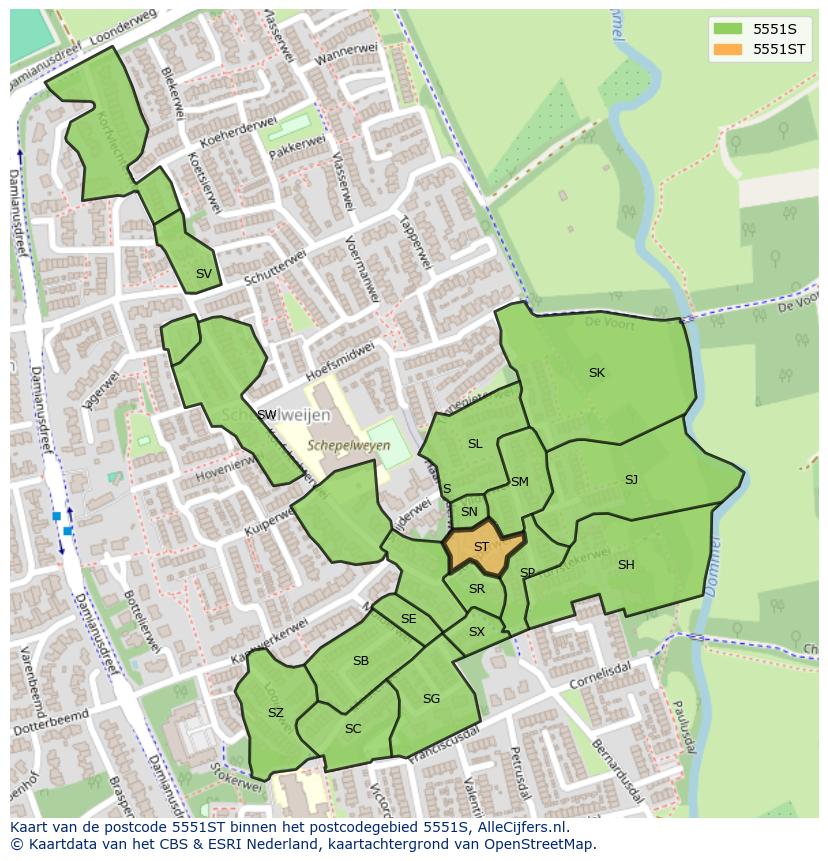 Afbeelding van het postcodegebied 5551 ST op de kaart.