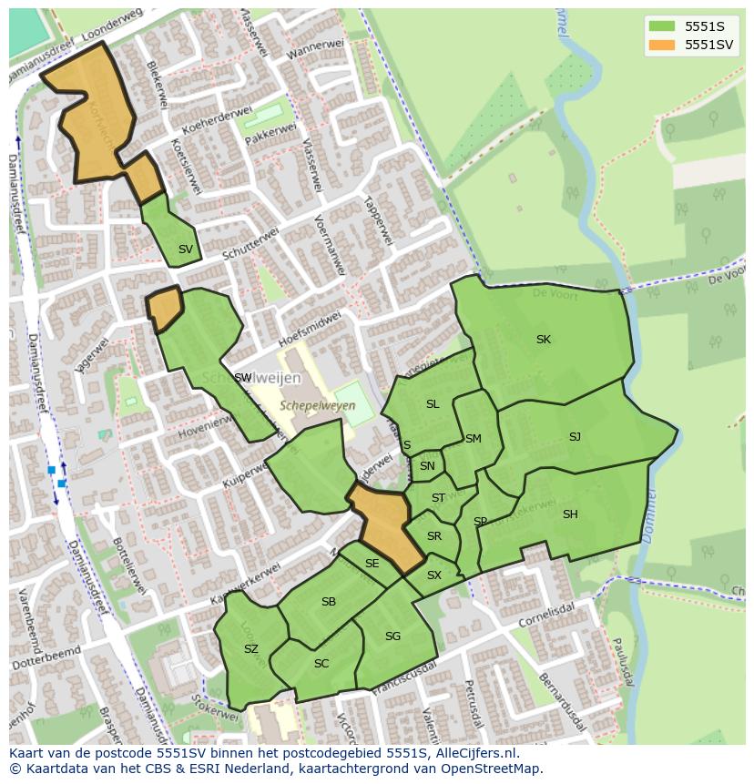 Afbeelding van het postcodegebied 5551 SV op de kaart.