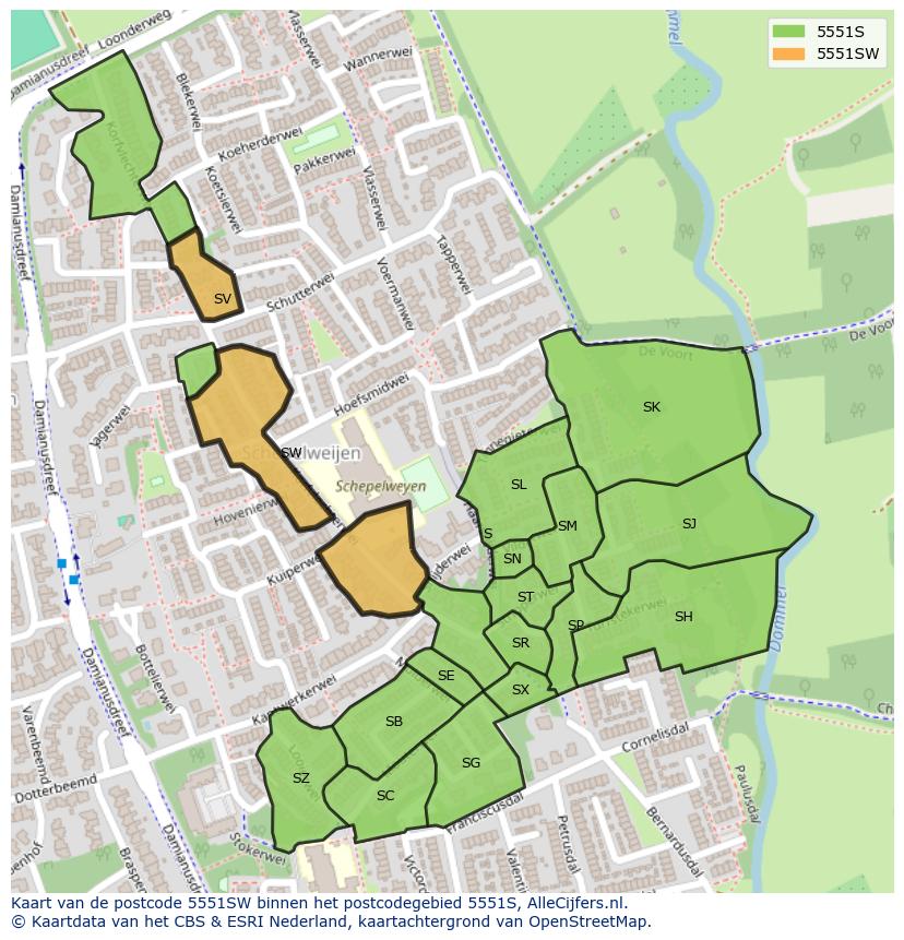 Afbeelding van het postcodegebied 5551 SW op de kaart.
