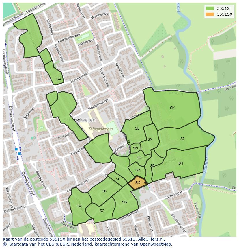 Afbeelding van het postcodegebied 5551 SX op de kaart.