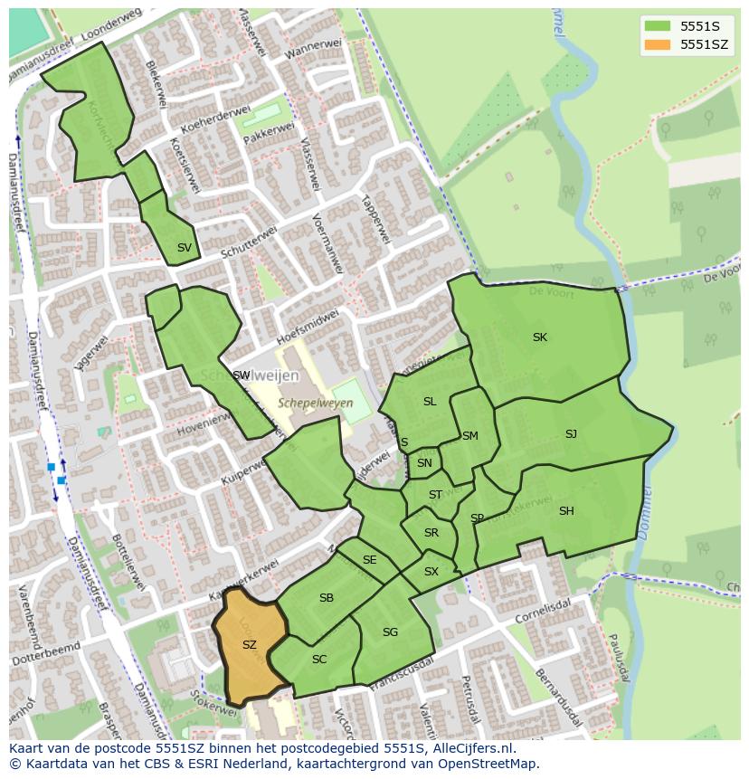 Afbeelding van het postcodegebied 5551 SZ op de kaart.