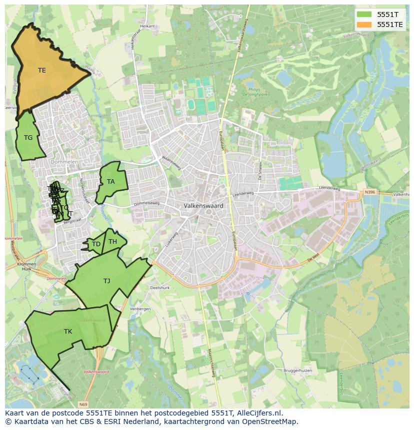 Afbeelding van het postcodegebied 5551 TE op de kaart.