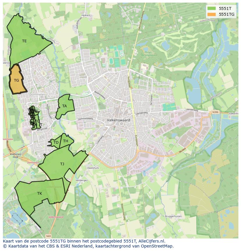 Afbeelding van het postcodegebied 5551 TG op de kaart.