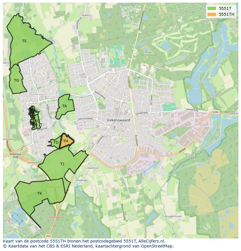 Afbeelding van het postcodegebied 5551 TH op de kaart.