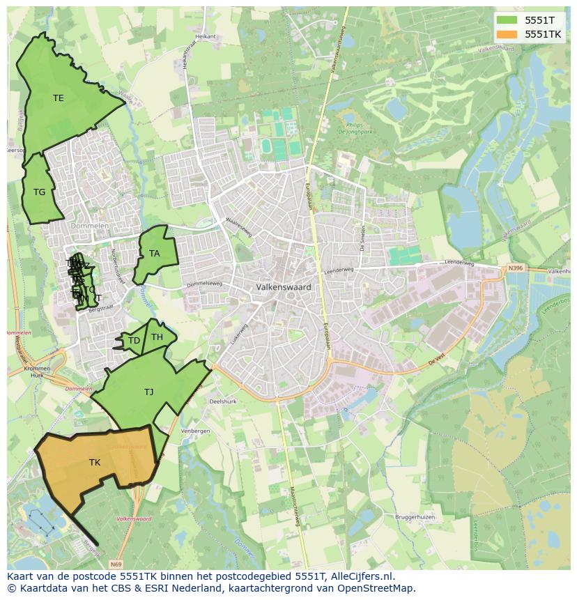 Afbeelding van het postcodegebied 5551 TK op de kaart.