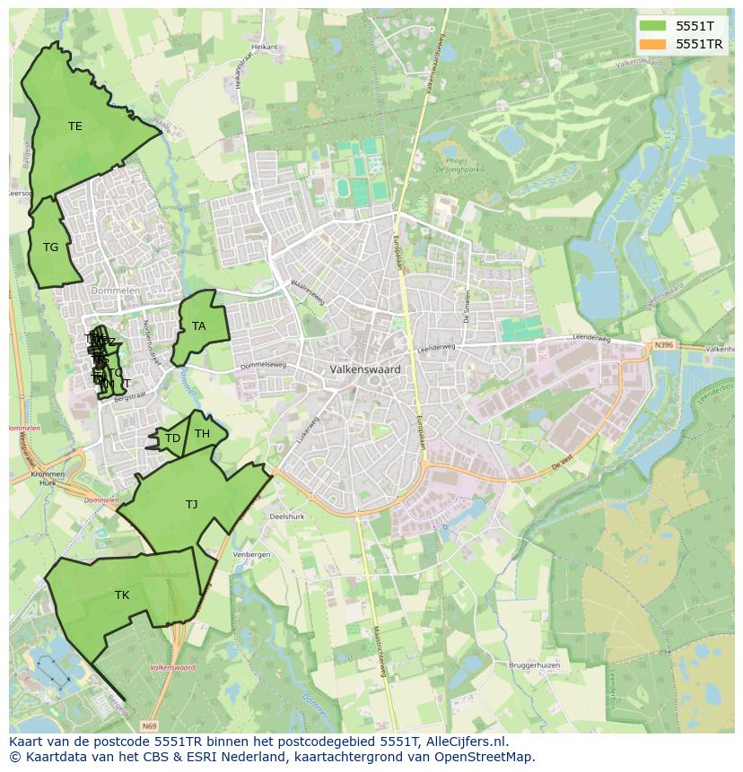 Afbeelding van het postcodegebied 5551 TR op de kaart.