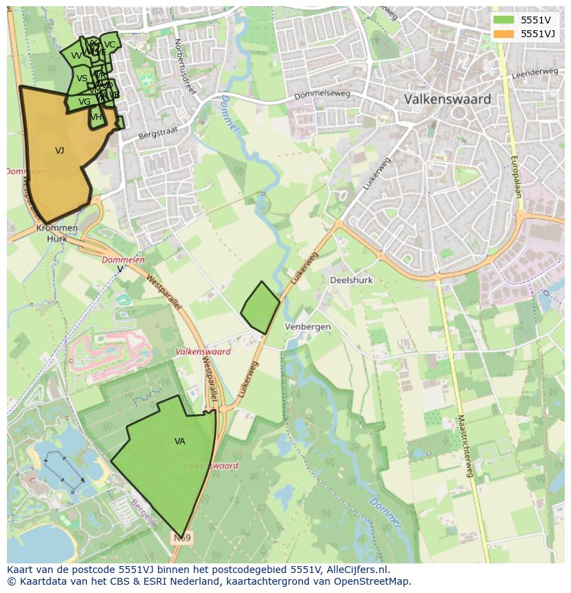 Afbeelding van het postcodegebied 5551 VJ op de kaart.