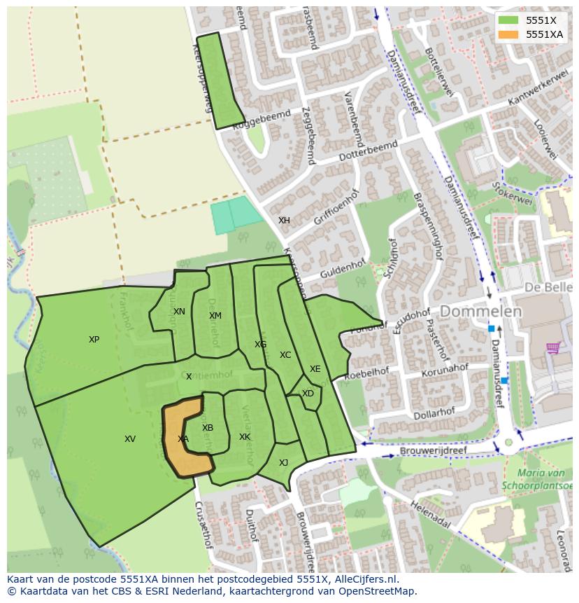 Afbeelding van het postcodegebied 5551 XA op de kaart.