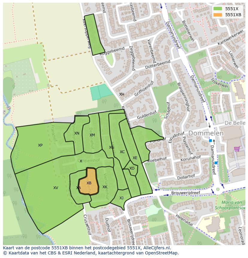 Afbeelding van het postcodegebied 5551 XB op de kaart.