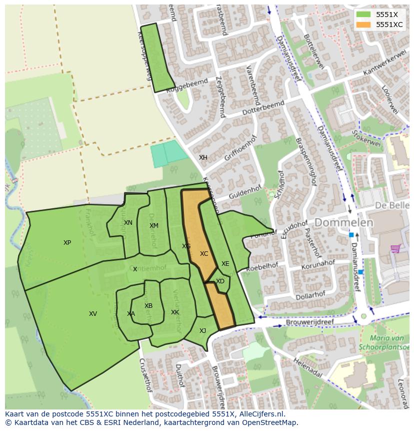 Afbeelding van het postcodegebied 5551 XC op de kaart.