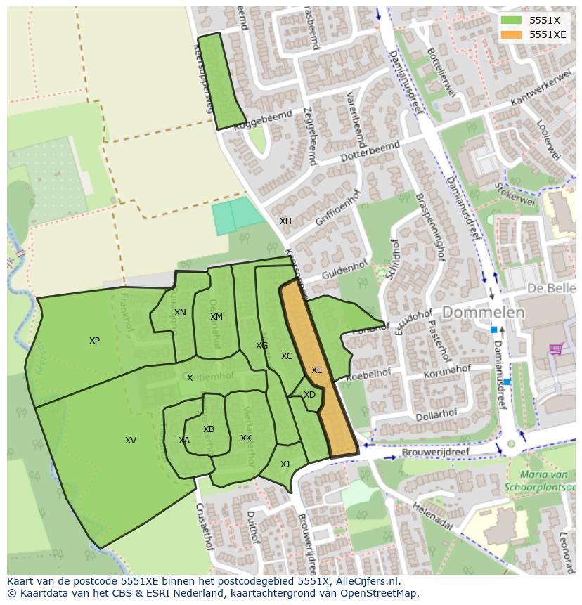 Afbeelding van het postcodegebied 5551 XE op de kaart.