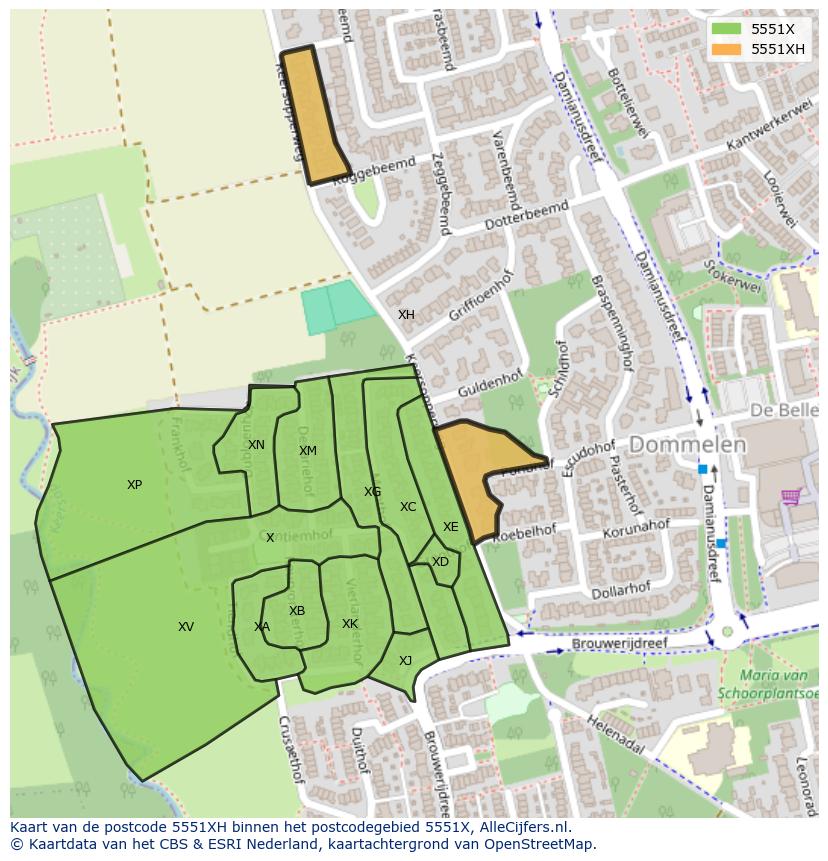 Afbeelding van het postcodegebied 5551 XH op de kaart.
