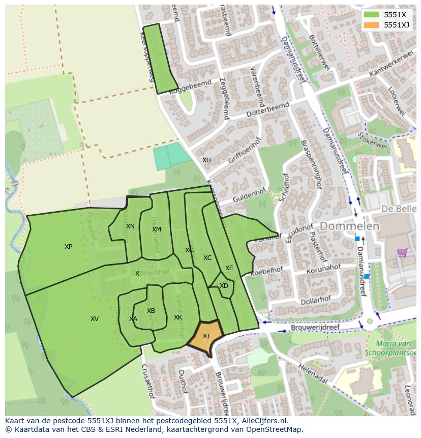 Afbeelding van het postcodegebied 5551 XJ op de kaart.