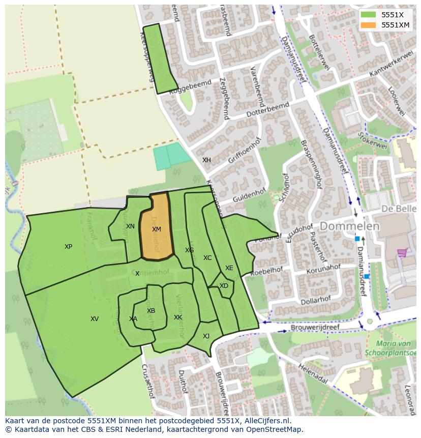 Afbeelding van het postcodegebied 5551 XM op de kaart.