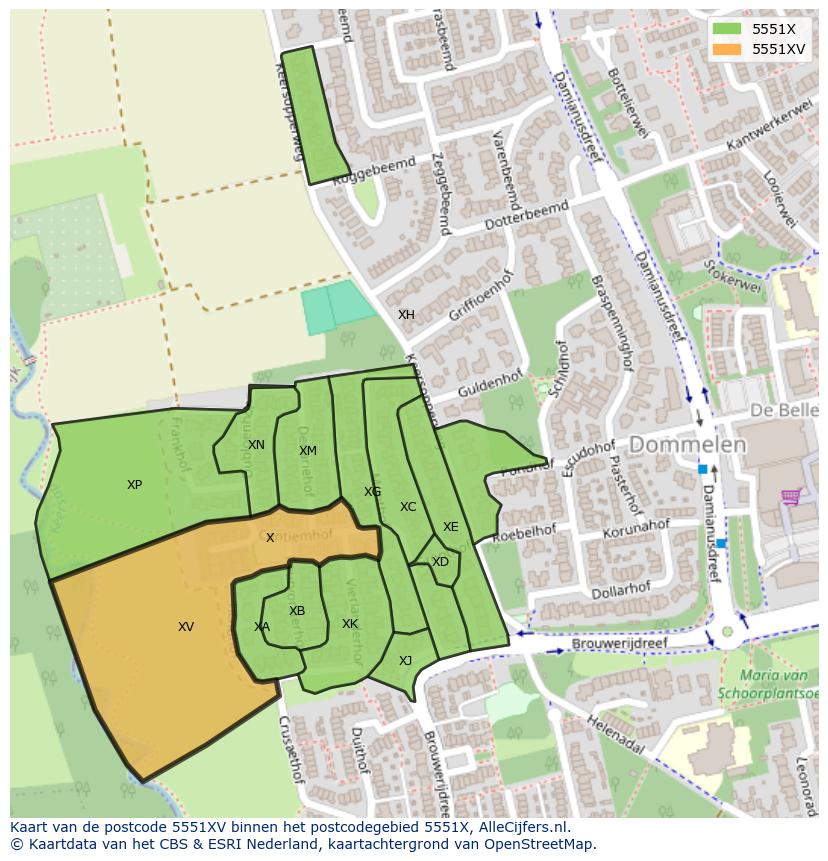 Afbeelding van het postcodegebied 5551 XV op de kaart.