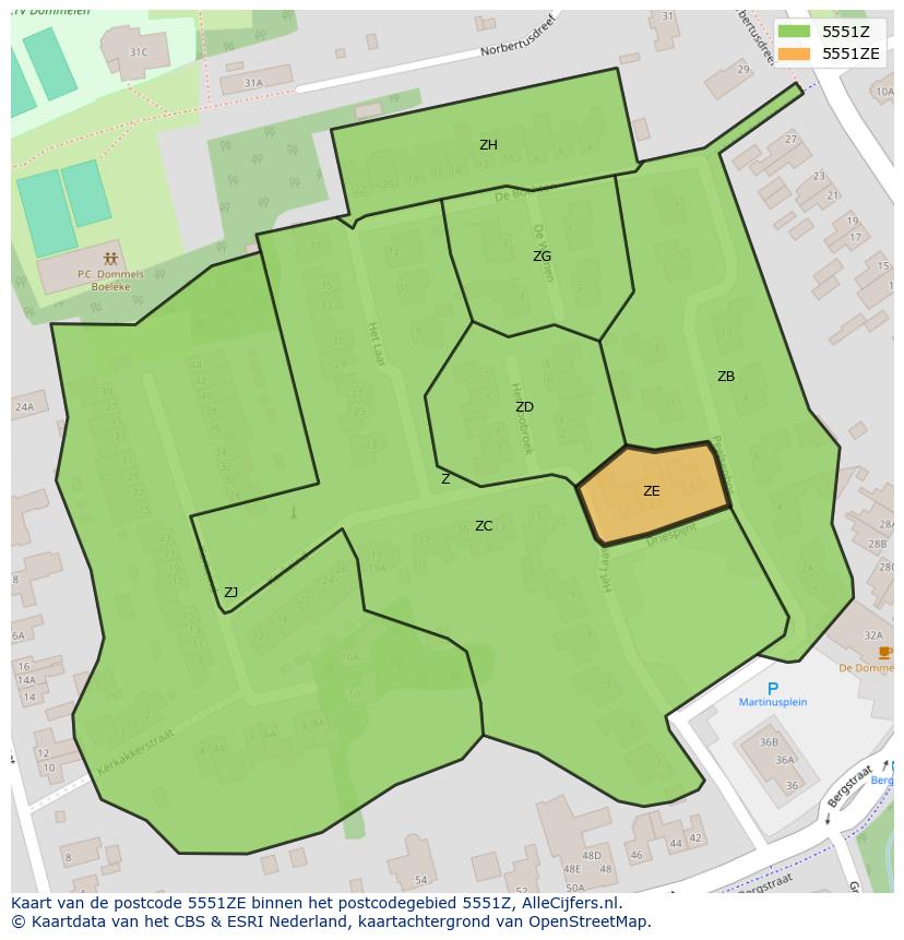 Afbeelding van het postcodegebied 5551 ZE op de kaart.