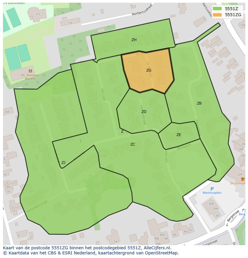Afbeelding van het postcodegebied 5551 ZG op de kaart.