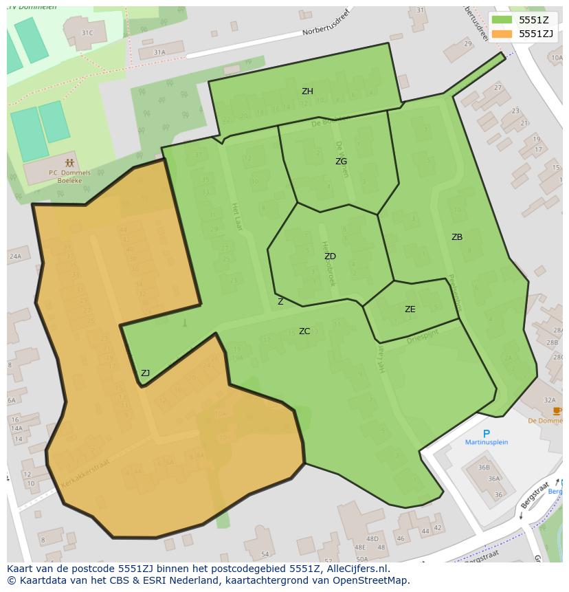 Afbeelding van het postcodegebied 5551 ZJ op de kaart.