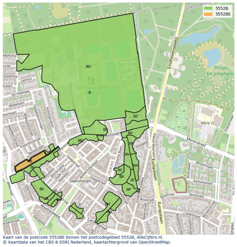 Afbeelding van het postcodegebied 5552 BE op de kaart.