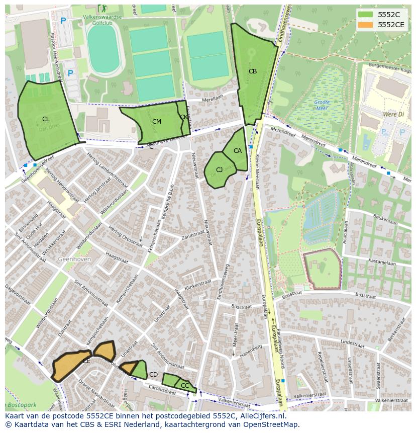 Afbeelding van het postcodegebied 5552 CE op de kaart.