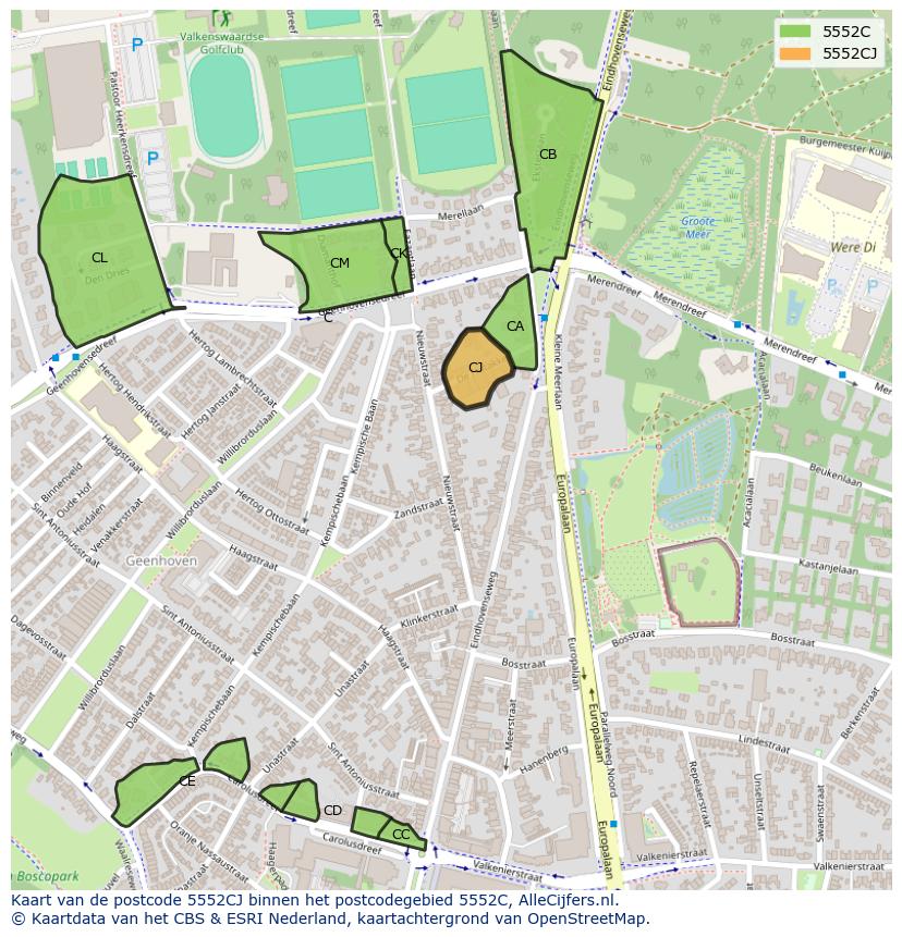 Afbeelding van het postcodegebied 5552 CJ op de kaart.