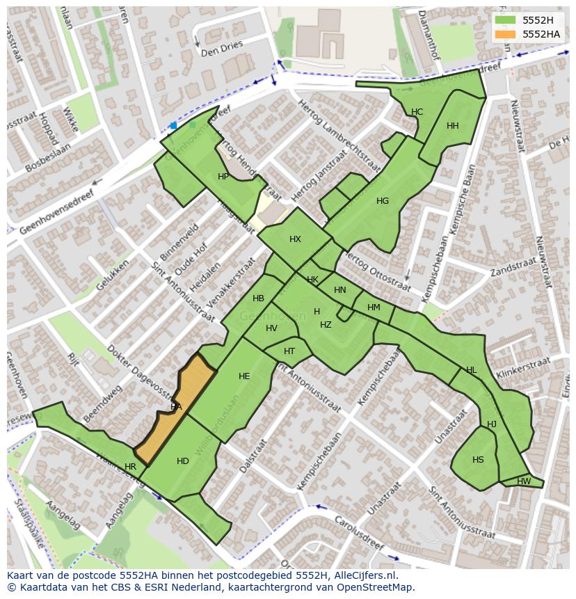 Afbeelding van het postcodegebied 5552 HA op de kaart.