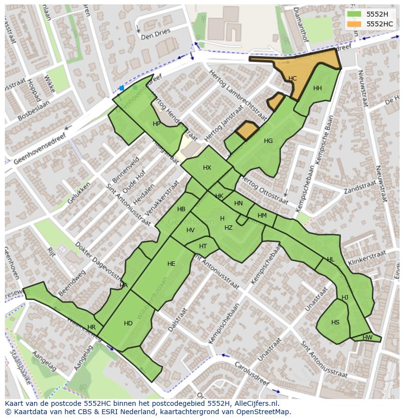 Afbeelding van het postcodegebied 5552 HC op de kaart.