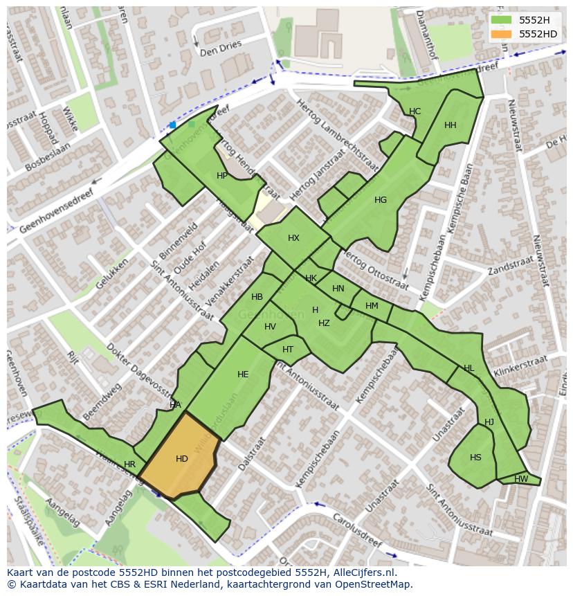 Afbeelding van het postcodegebied 5552 HD op de kaart.