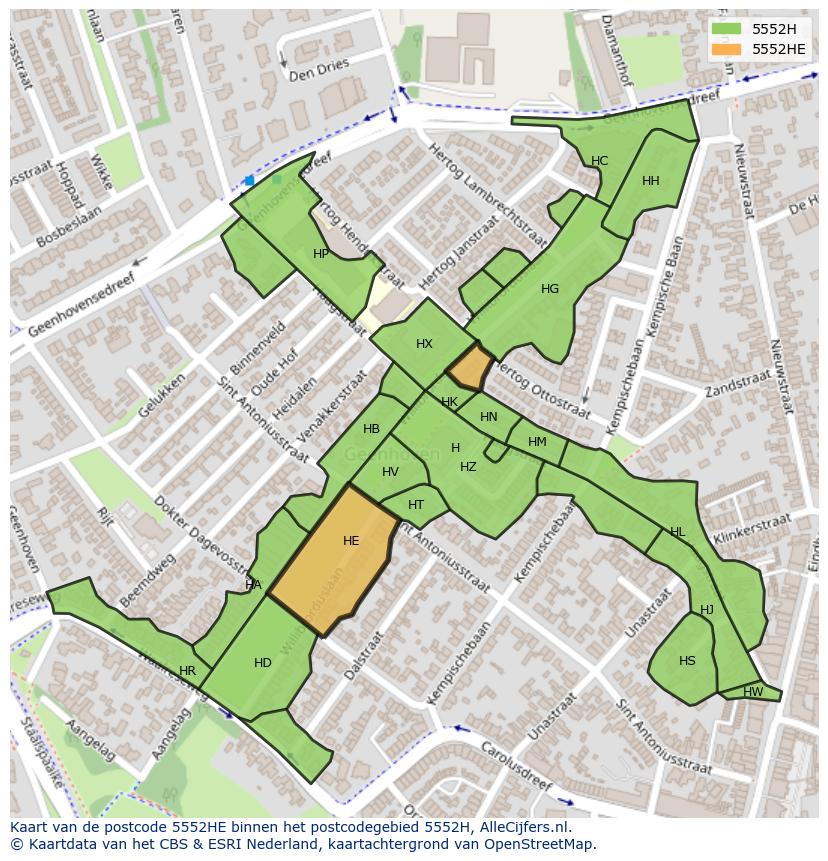 Afbeelding van het postcodegebied 5552 HE op de kaart.