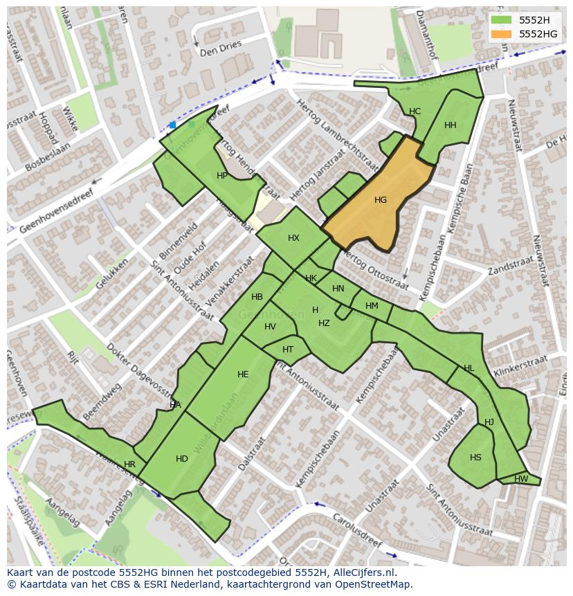 Afbeelding van het postcodegebied 5552 HG op de kaart.