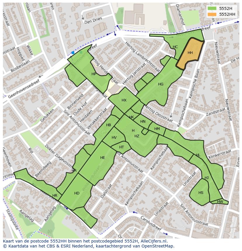Afbeelding van het postcodegebied 5552 HH op de kaart.