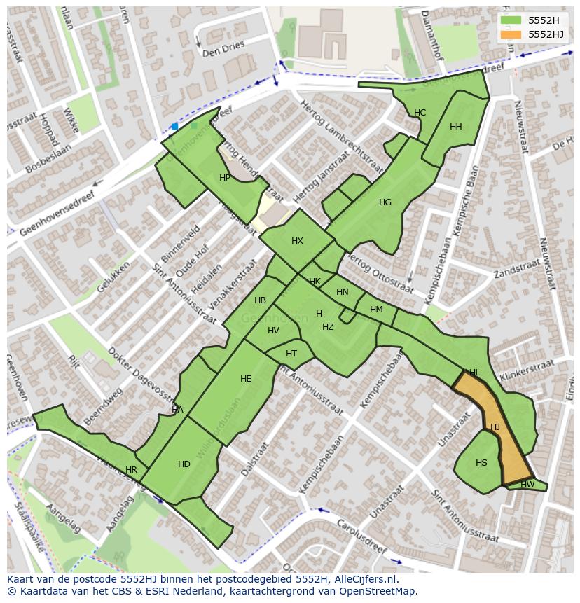 Afbeelding van het postcodegebied 5552 HJ op de kaart.