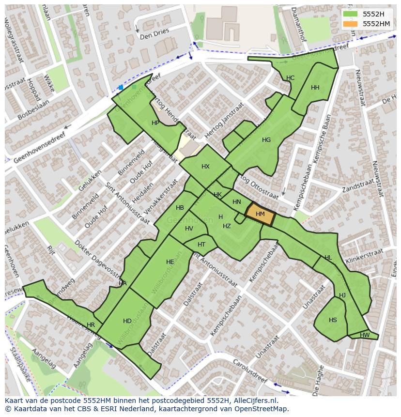 Afbeelding van het postcodegebied 5552 HM op de kaart.