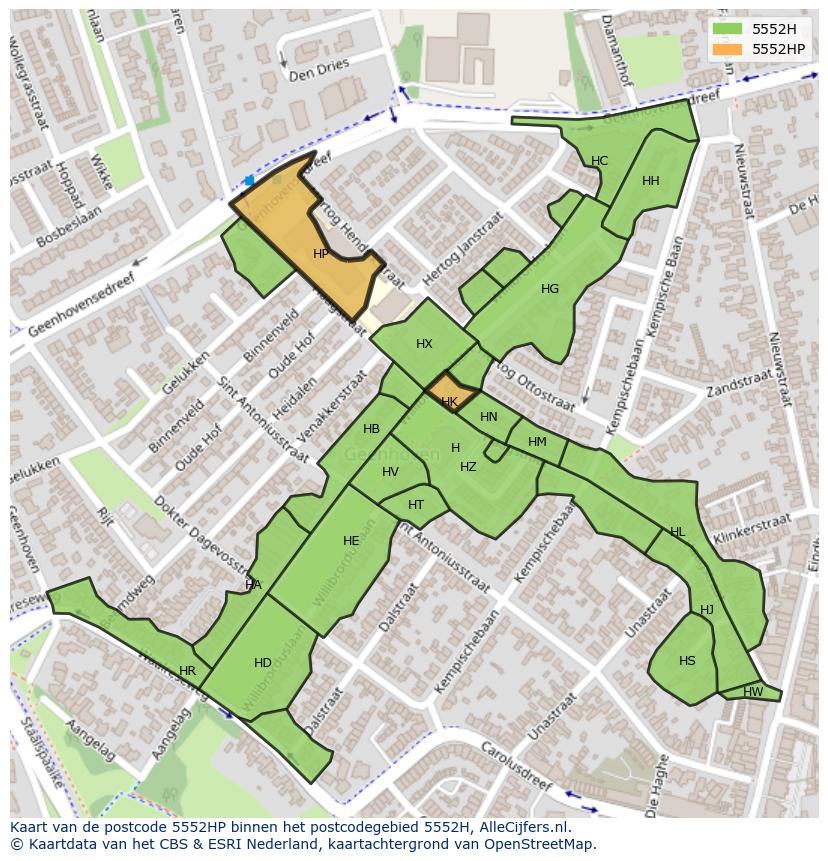 Afbeelding van het postcodegebied 5552 HP op de kaart.