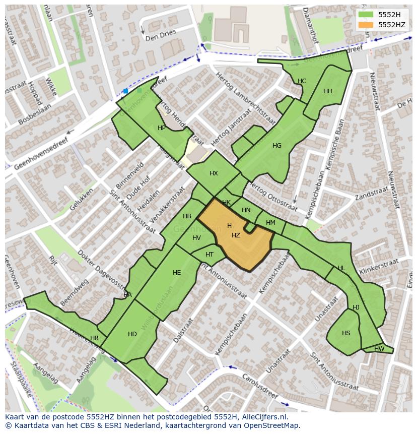 Afbeelding van het postcodegebied 5552 HZ op de kaart.