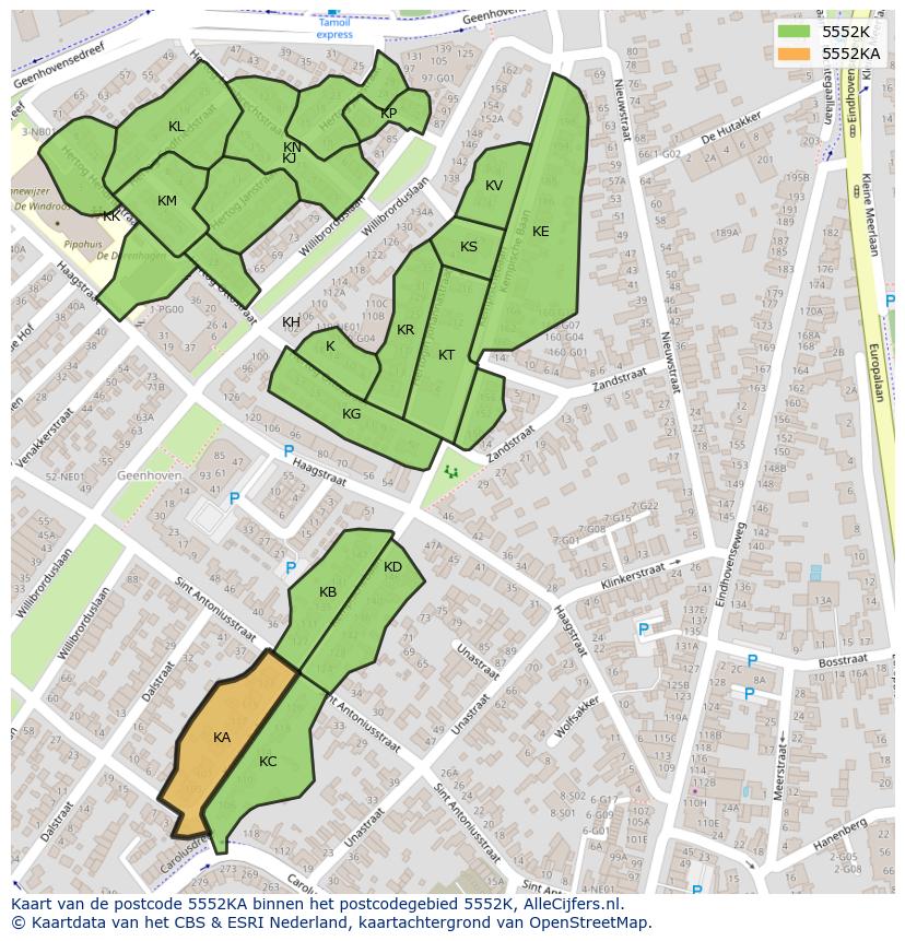 Afbeelding van het postcodegebied 5552 KA op de kaart.