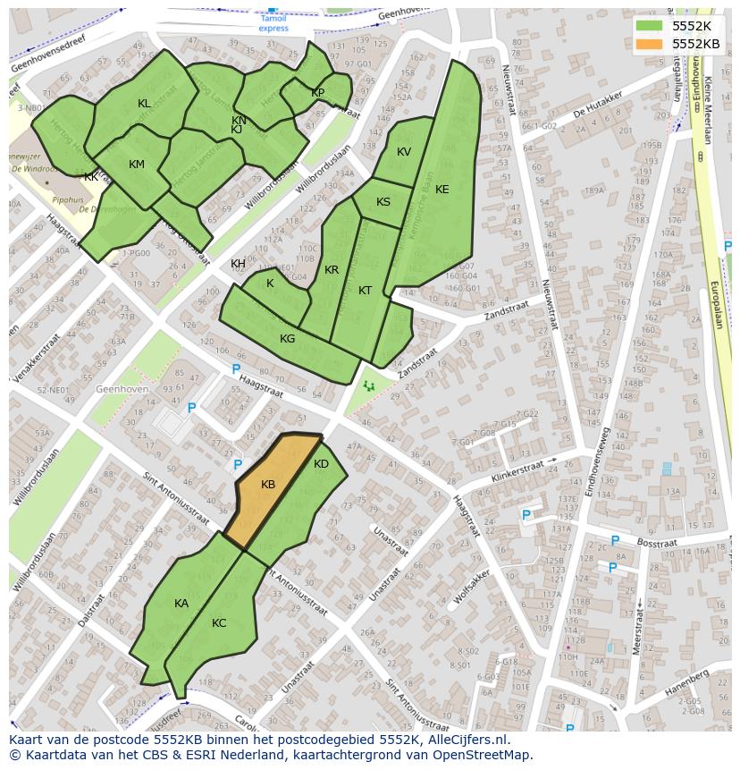 Afbeelding van het postcodegebied 5552 KB op de kaart.