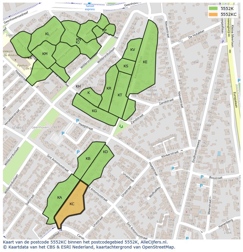 Afbeelding van het postcodegebied 5552 KC op de kaart.