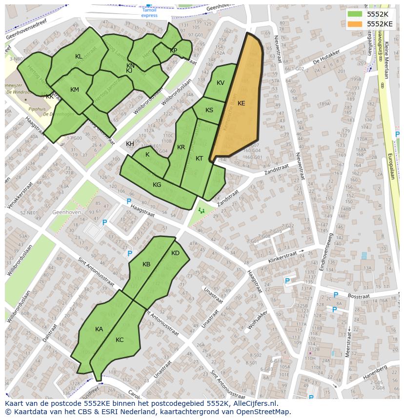 Afbeelding van het postcodegebied 5552 KE op de kaart.