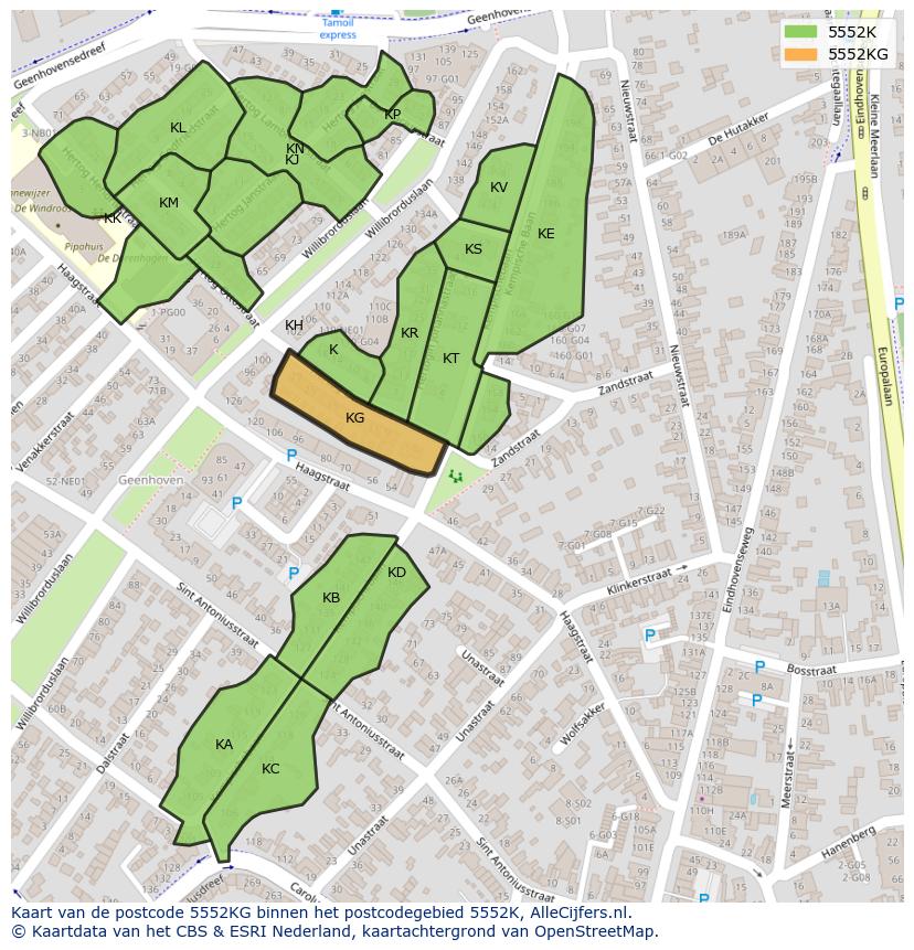 Afbeelding van het postcodegebied 5552 KG op de kaart.