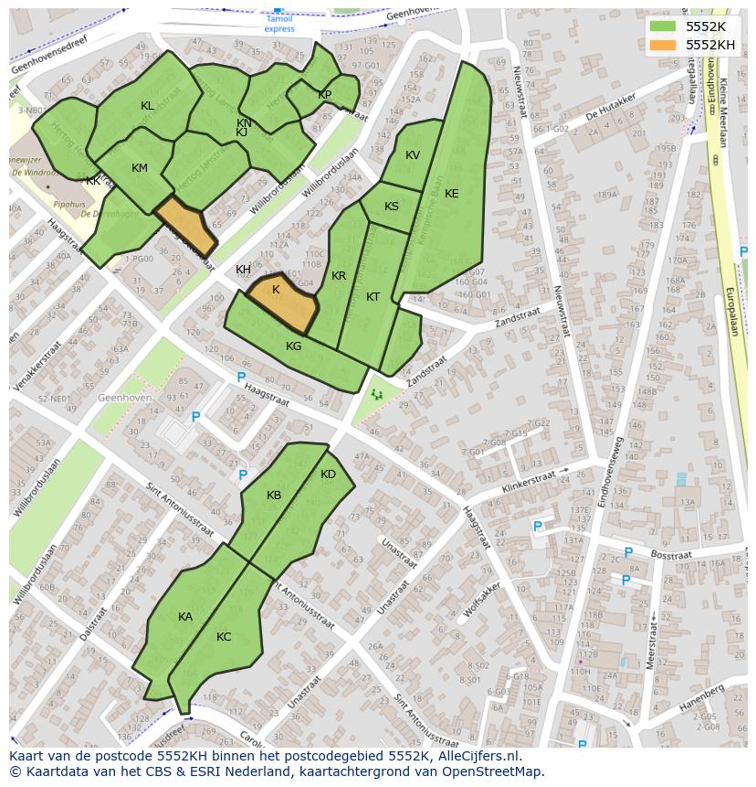 Afbeelding van het postcodegebied 5552 KH op de kaart.