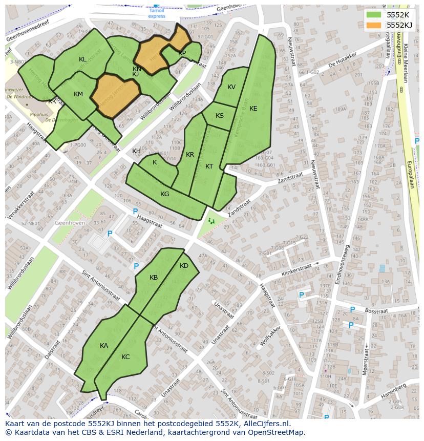 Afbeelding van het postcodegebied 5552 KJ op de kaart.