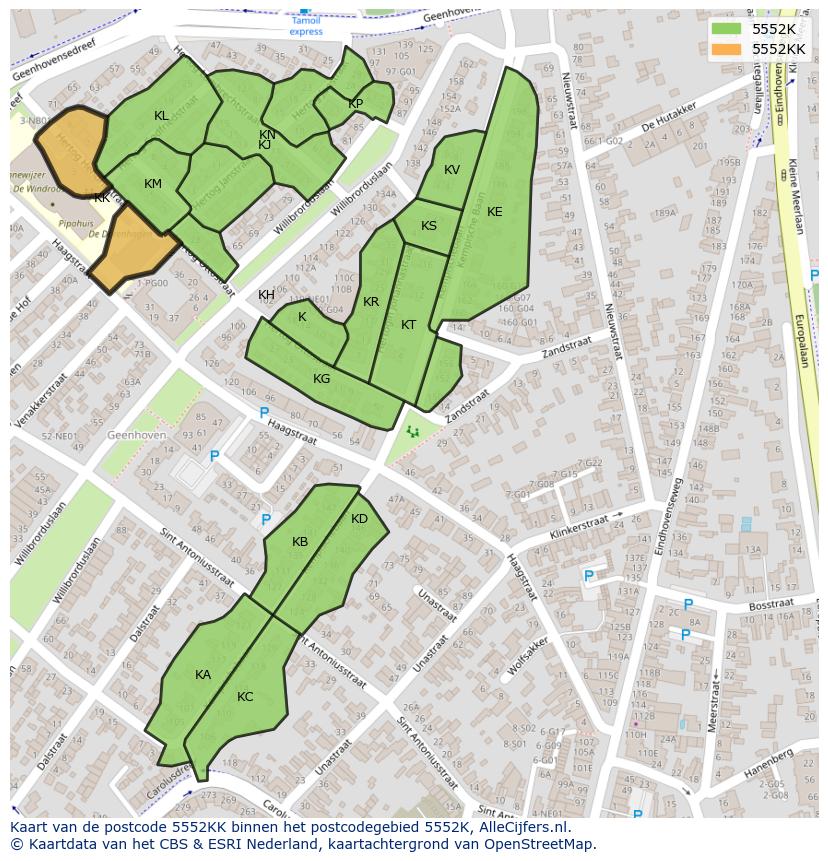 Afbeelding van het postcodegebied 5552 KK op de kaart.