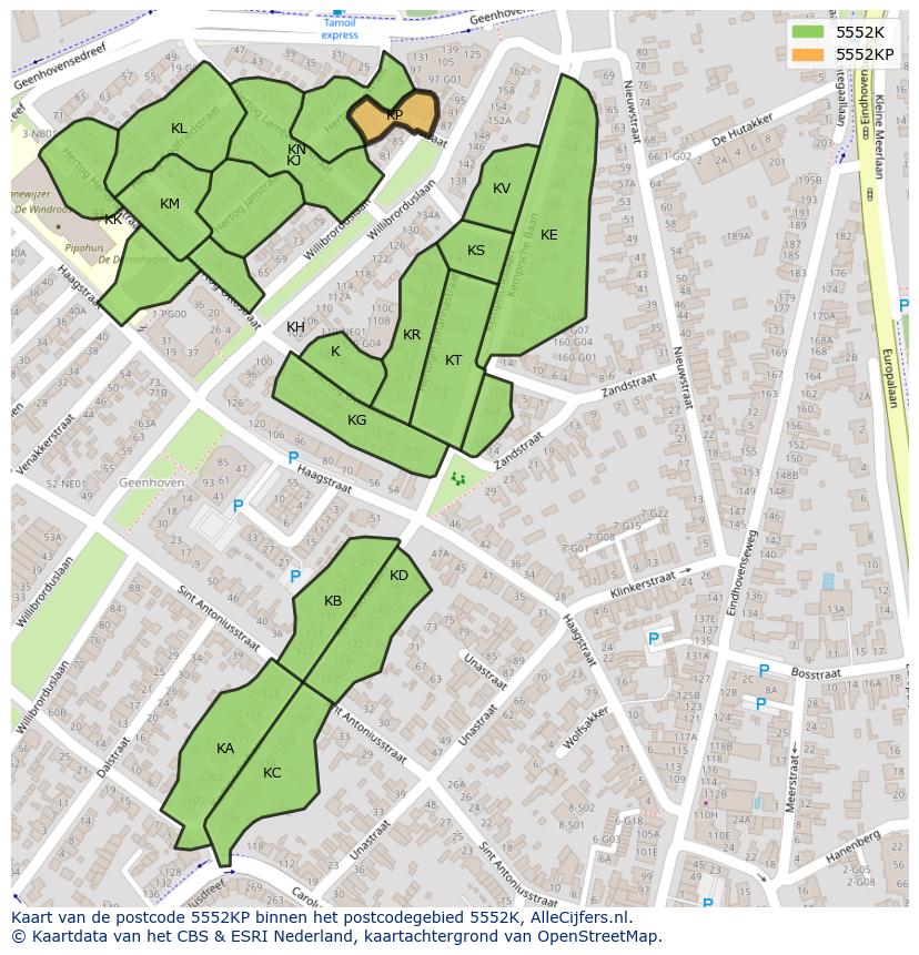 Afbeelding van het postcodegebied 5552 KP op de kaart.