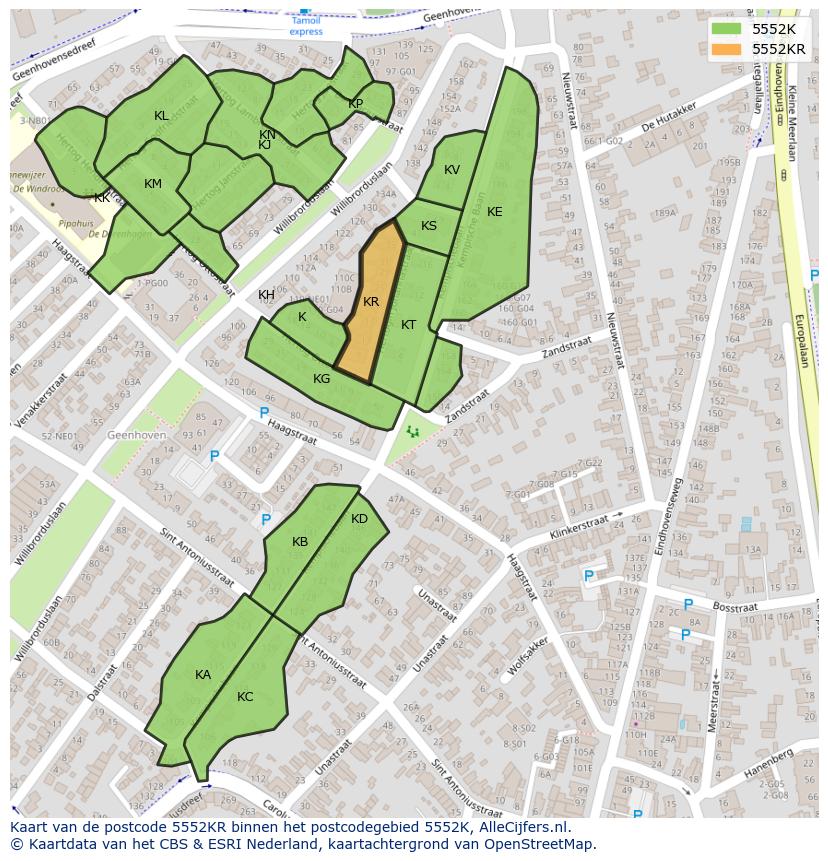Afbeelding van het postcodegebied 5552 KR op de kaart.